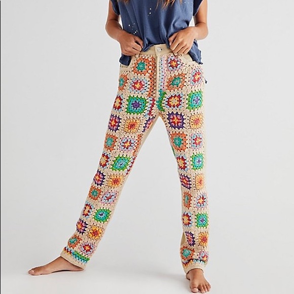 Free People Crochet Zuri Mom Jeans Sedona Sunset - Picture 5 of 6